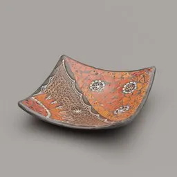 Highly detailed terracotta plate with ornate patterns, perfect for 3D rendering in Blender and other 3D applications.