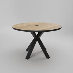 "Round meeting table with a beautiful wooden top and black legs, perfect for any office setting. This 3D model in Blender 3D features a stylized design with surface blemishes and scratches, alongside a built-in power outlet for added convenience."