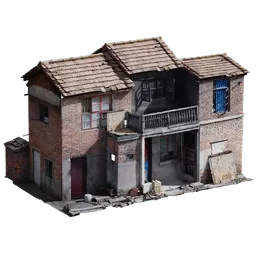 Detailed 3D model of an old, weathered building with realistic textures for Blender rendering.