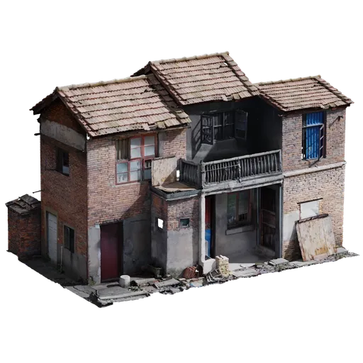 Detailed 3D model of an old, weathered building with realistic textures for Blender rendering.