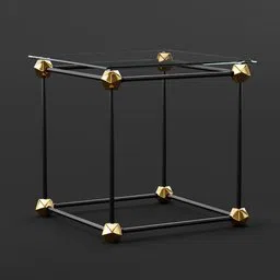 3D Blender model showcasing modern cube table with glass top and golden accents on dark backdrop.