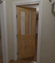 Detailed 3D model showcasing a knotty pine internal UK door with a white frame and frosted glass.