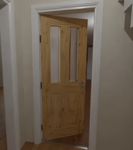 Detailed 3D model showcasing a knotty pine internal UK door with a white frame and frosted glass.