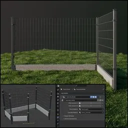 "Procedural fence 3D model for Blender 3D featuring a detailed scenery including a grass field and path, with updated Z axis. Perfect for architectural visualization and landscaping projects."