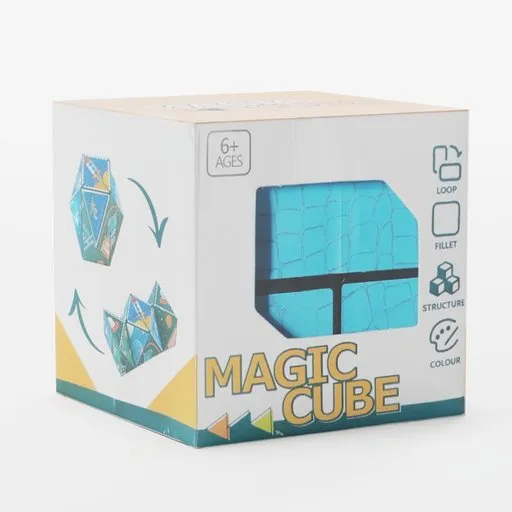 Detailed 3D render of a magic cube box with vibrant design, showcasing artwork for Blender 3D modelling.