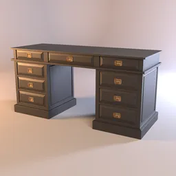 Detailed 3D model of dark vintage-style office desk with drawers, ideal for Blender renderings.