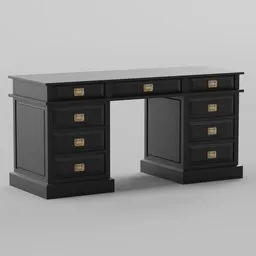 Detailed 3D model of dark vintage-style office desk with drawers, ideal for Blender renderings.