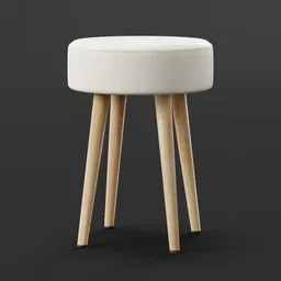 3D Blender model of a modern dressing stool with wooden legs and white cushion.