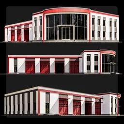 3D model of a fire station with red doors and statues, designed for use in Blender rendering projects.