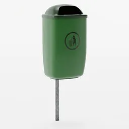 Detailed 3D rendering of a weathered green plastic trash bin, compatible with Blender, for exterior scenes.