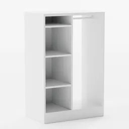 "Syvde Ikea Wardrobe 3D Model for Blender 3D - Based on Latvian Ikea Store Instructions. Monochrome white cabinet with open door, vogelsang style, 3/4 front view and minimal design. Compatible with Unreal Engine 5 and 6".