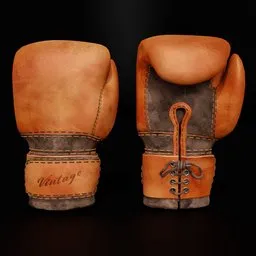 Detailed 3D model of aged leather boxing gloves with laces and 'Vintage' inscription, compatible with Blender 3D.