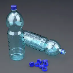 "Highly detailed plastic water bottle 3D model with water droplets and fingerprints, including full modeled cap with detachable options. Perfect for Blender 3D rendering and graphics in the drink category, featuring simplified forms and optimized for high definition rendering."
