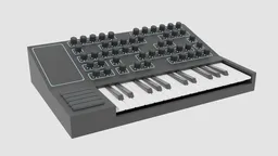 Detailed 3D rendering of MIDI keyboard with piano keys and control knobs, designed for use in Blender 3D.