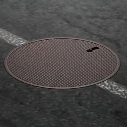 Rusted circular manhole cover 3D model with realistic textures for urban scenes in Blender.