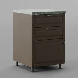 Realistic brown kitchen cabinet 3D model with marble top, created in Blender, suitable for interior design and storage visualizations.