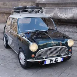 "Classic Austin Mini Cooper S (1966) 3D model for Blender 3D, with added lights and spare wheels, perfect for historic vehicle enthusiasts. Photoreal details and roof rack, reminiscent of Mr. Bean's iconic car. Featured on Unsplash's top selection, and ready for your next project in 2022."