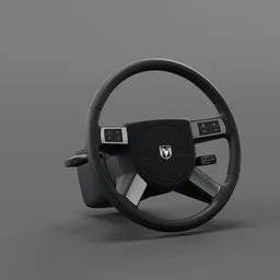Detailed 3D model of a black car steering wheel with logo, optimized for Blender rendering.