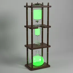 Detailed 3D rendered sculpture of a fantasy coffee brewer with glowing green potion, wood textures, Blender 3D model.