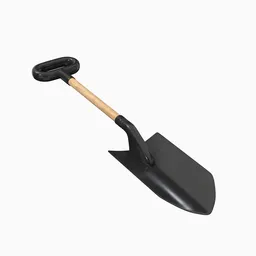 "Black wooden mini shovel 3D model for Blender 3D with UV map and IOS interface design by Jony Ive. Includes realistic tire and HDD details, inspired by the dig site photo. Created by BlenderKit artist Mikado and modeled after the design of Hidetaka Tenjin."