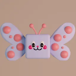 3D Blender model of a smiling cube-shaped butterfly with blue wings, optimized for mobile, low polycount.