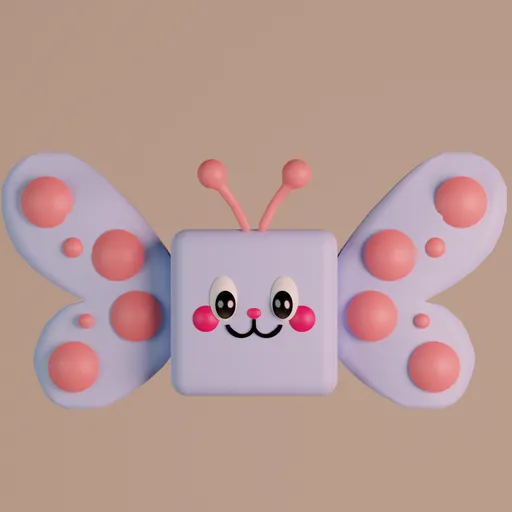 3D Blender model of a smiling cube-shaped butterfly with blue wings, optimized for mobile, low polycount.