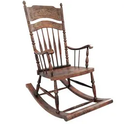 "High-quality 3D model of an old wooden rocking chair with a charming vintage appeal, ideal for Blender 3D. The textured design showcases meticulous details and a weathered appearance, perfect for historical or colonial-themed projects. Enhance your Blender 3D experience with this realistic and immersive rocking chair model crafted in Substance Painter."