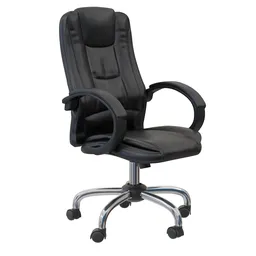Highly detailed Blender 3D model of a black ergonomic leather office chair with armrests and wheels.