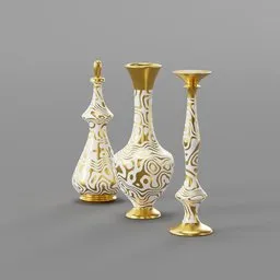 Elegant white and gold procedural 3D vases with intricate patterns, customizable for Blender rendering.