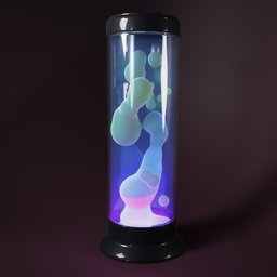 "Floor Lamp 3D Model - Big Cylindrical Lava-Lamp in Violet-Blue, featuring a colorful jelly inside, bioluminescent orbs, swirling fluid and a futuristic tower design. Physically-based and Disney rendered for display purposes."