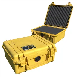 3D Blender model of a yellow hard case with open lid showcasing internal padding, suitable for game assets and scene props.