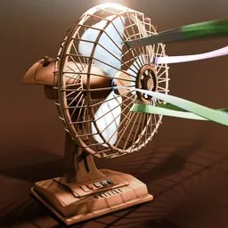 Realistic animated Blender 3D model of a grime-covered desk fan with colorful streamers, displayed in a soft light.