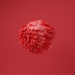 Detailed 3D fur ball with intricate hair particle design against a red backdrop, ideal for Blender 3D animation.