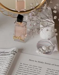 Elegant 3D-rendered scene featuring perfume bottle, book, pearls in shell for product visualization without Photoshop.
