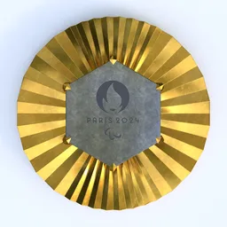 Detailed 3D rendering of a textured gold medal with embossed emblem for Paris 2024, optimized for Blender.