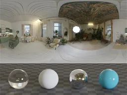 Cozy indoor HDR panorama with soft lighting and tasteful decor, featuring reflective spheres for realistic scene rendering.