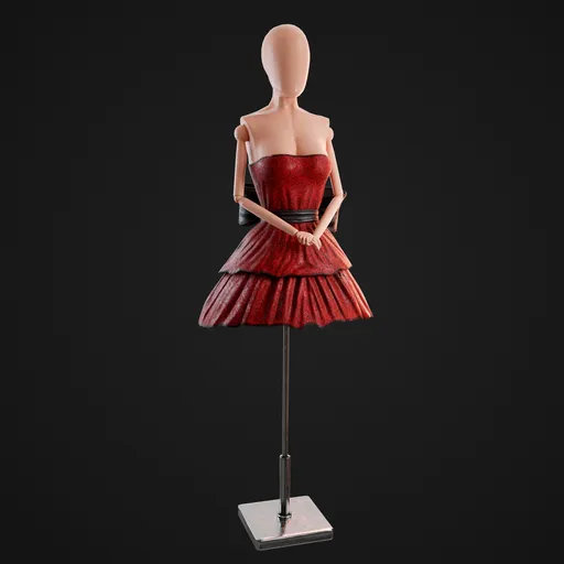 3D-rendered vintage mannequin in red dress, ideal for Blender retail projects.