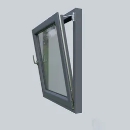 "Steel gray PVC horizontal pivot window with flexiseal and gun metal gray finish, suitable for house windows. Can be easily edited in Blender 3D with the rotation of the "Empty_objecto" set to zero. 3/4 side view and 1/3 headroom, ideal for escape rooms or architectural design projects."