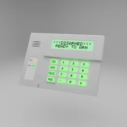 "Bedroom alarm keypad 3D model, featuring illuminated keys and screen, based on a Honeywell replica. Created with Blender 3D software. Perfect for home security designs."