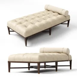 "3D model of the 'Suzanne Divan Daybed' designed by Hickory Chair for interior visualizations in Blender 3D. This high-quality daybed features proper proportions, pinned joints, and a chesterfield design. Rendered in April, the close-up shot showcases the expansive grand scale and elegant bench on a white background."