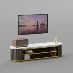 Detailed 3D rendering of a brass and wood circular TV cabinet with decorations and Blender-ready design.