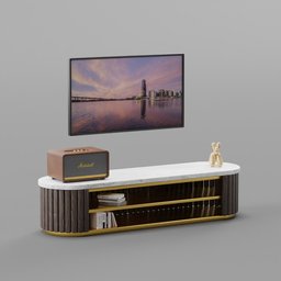 Brass Wooden Circular TV Cabinet Set