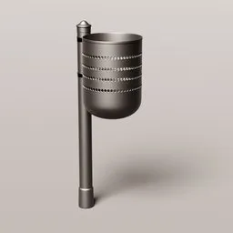 3D modeled dark metal outdoor litter bin with detailing, suitable for Blender rendering.