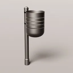 "Metal garden litter bin modeled in Blender 3D software with a rough dark texture."

Note: The alt text should focus on describing the visual content of the image, while also including relevant keywords from the description provided. It should be concise and accurately reflect the content of the image.