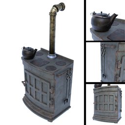 Detailed 3D model of a vintage wood stove with accessories, ideal for Blender renderings.