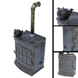"High-quality Blender 3D model of a vintage wood burning stove from the 18th century. This realistic kitchen appliance includes a fire poker, shovel, and cast iron kettle. Ideal for creating captivating scenes and scenarios in Blender 3D."