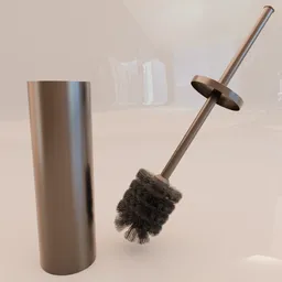 Photo-realistic 3D model of a black toilet brush with holder, designed for Blender rendering, low poly without particle use.