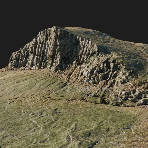 Detailed 3D model of a rocky mountain with grass terrain, optimized for use in Blender for various CGI projects.