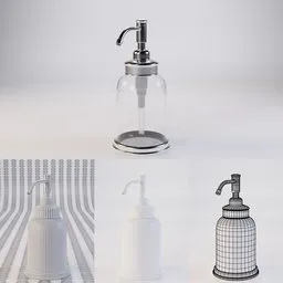 "3D model of an IKEA Balungen Soap Dispenser for Blender 3D software, with intricate details and textures. Perfect render inspired by Josef Navrátil, featuring a variety of soap dispensers on a white surface. Created by Peter Benjamin Graham, with a highly detailed water texture."
