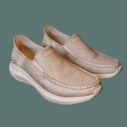 "Low poly athletic walking shoes with baked textures for high detail in Blender 3D. Perfect for healthcare workers or professional product shots. Category: footwear, with cream color and green background."